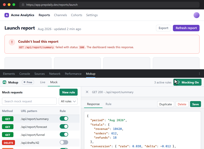 Editing a mocked JSON response inside the Mokup response editor