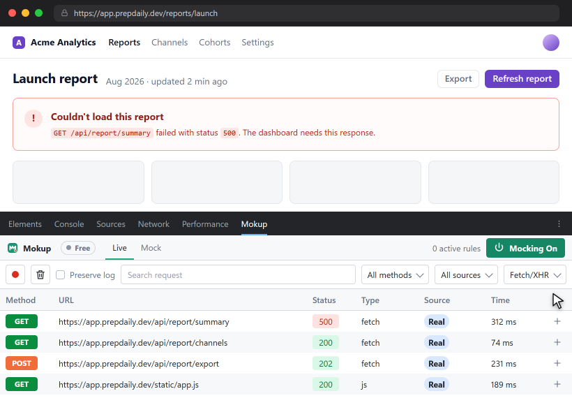 Mokup Live tab capturing real API requests in Chrome DevTools