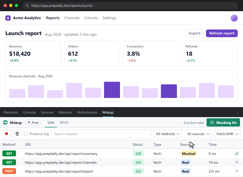 Mokup Mock tab listing mock rules with enable toggles